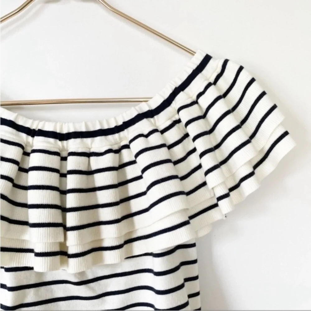 J. Crew Black and White Striped Off-Shoulder Ruffle Knit Top